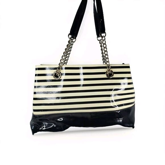 Kate Spade Montrose Elena Nautical Patent Leather Striped Bag Navy EUC - Picture 3 of 12